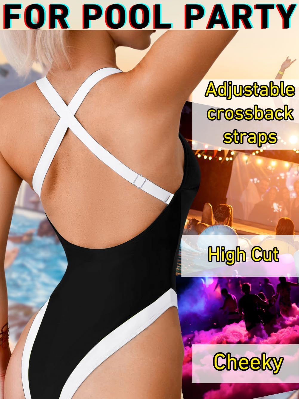 Color Block Swimsuit, Plunge V Neck High Cut, Pool Party Vacation, Sexy Backless One Piece Bathing Suit Cheeky - Image 3