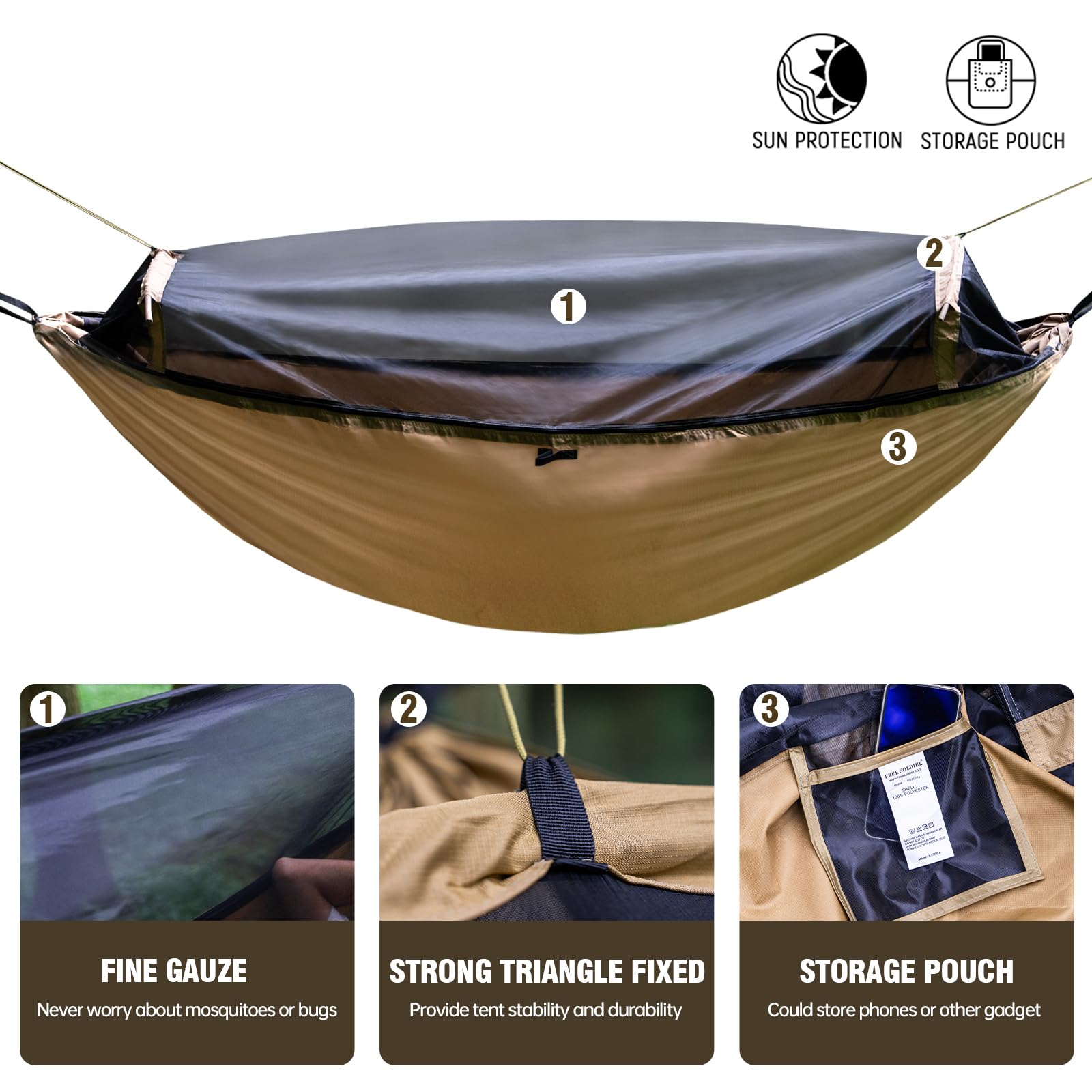 FREE SOLDIER da campeggio escursionismo outdoor Survivor mosquitoe portatile amaca resistente all' usura Resistenza grande tenda per persona 180-195 cm altezza, Brown