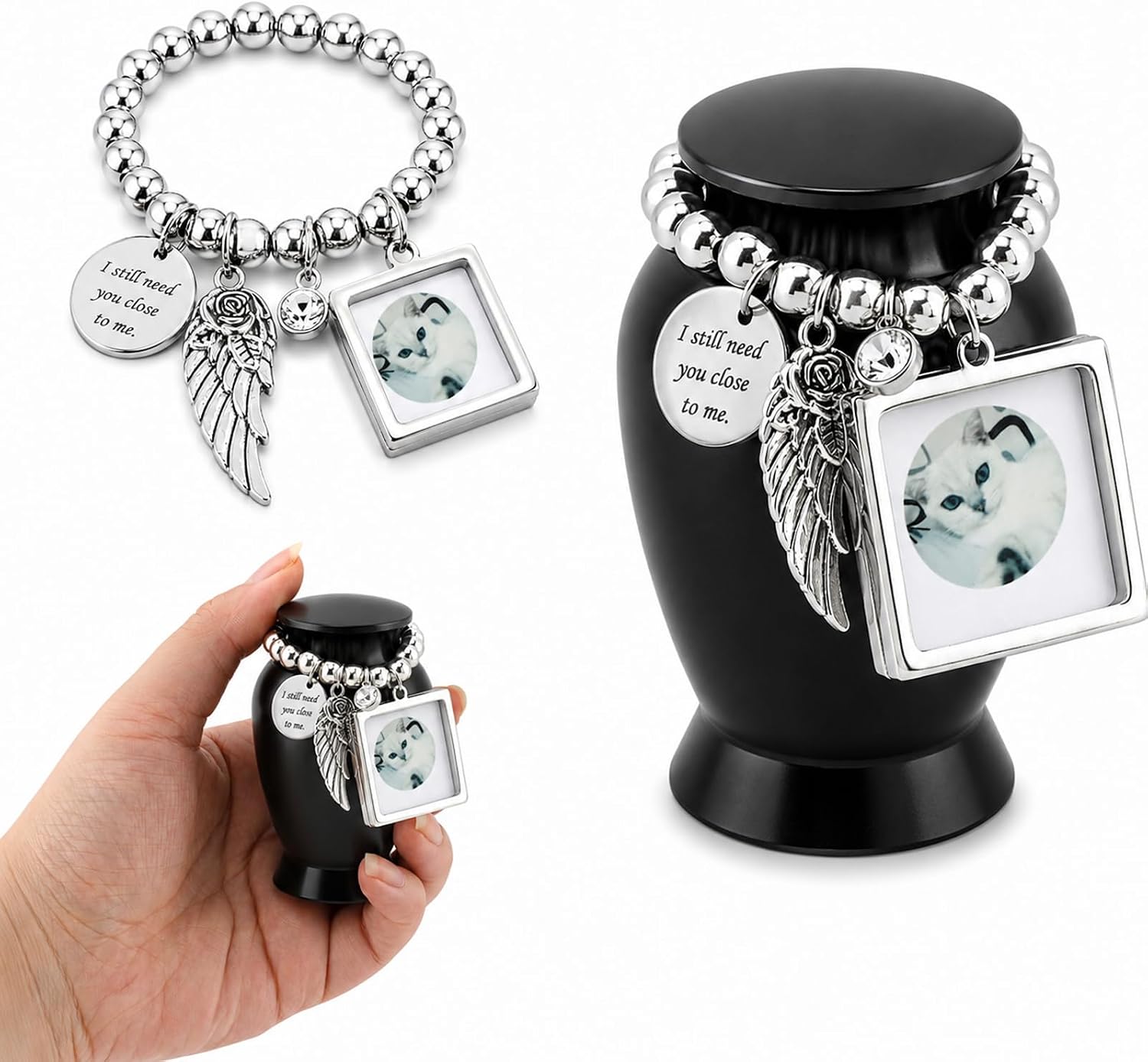 Small Keepsake Cremation Urn for Human or Pet Ashes, 2.75" Mini Memorial Urn with Photo Frame, Velvet Bag and Filling Spoon, Small Sharing Urn for Ashes, Black