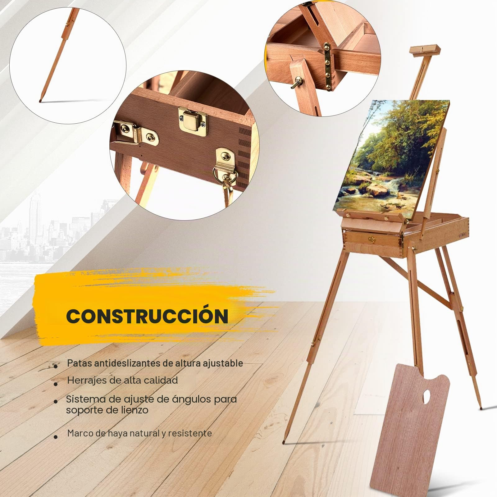 LIFEZEAL Caballete plegable de dibujo, caballete de estudio de madera de haya con cajón, caballete de suelo portátil para pintores, estudiantes y artistas