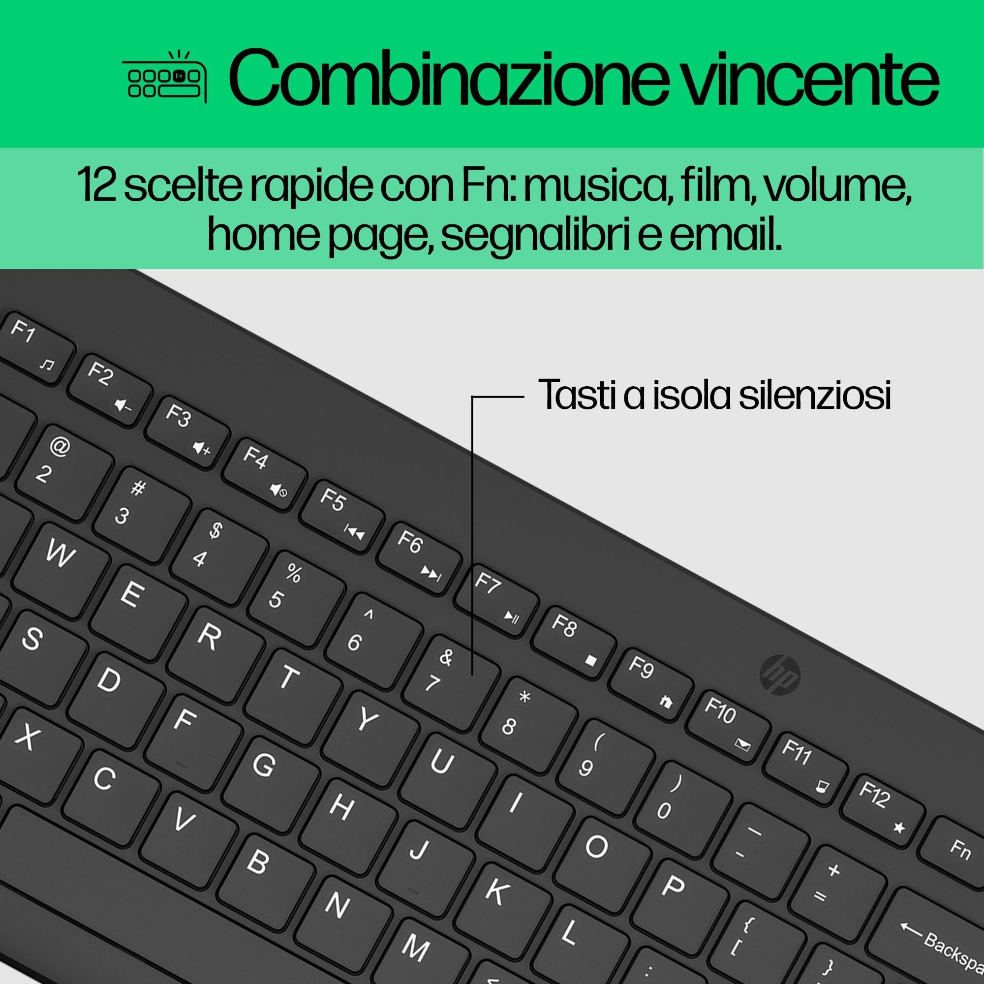 HP 330 Combo Tastiera e Mouse Wireless a 2,4 GHz, Indicatore LED Blocco Maiuscole, 12 combinazioni di tasti, Plug and Play, Mouse sensore ottico da 1600 DPI, Compatibile con Windows 10 e 11, Nera