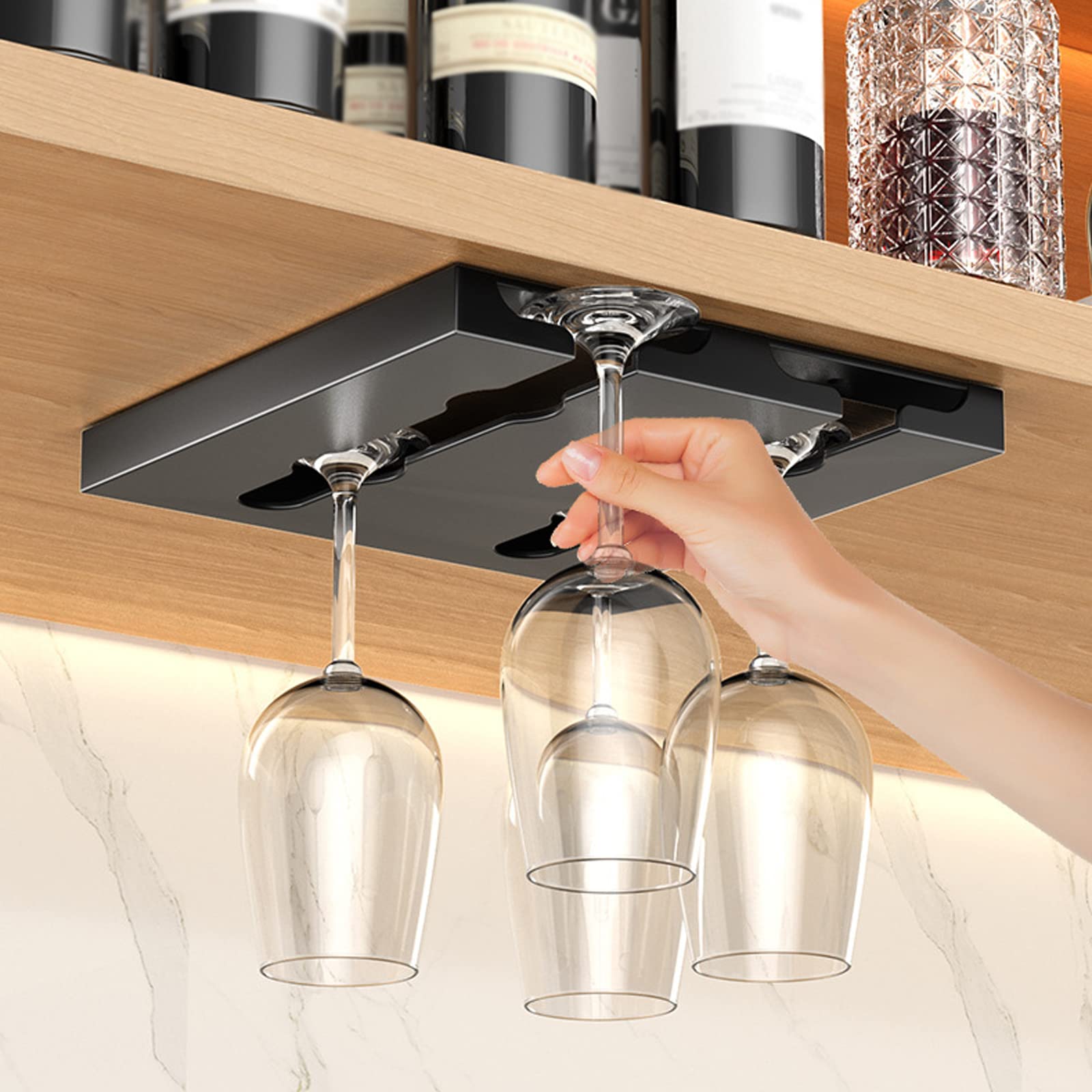 Porta Bicchieri Vino Acciaio Inossidabile Sotto l'Armadio Calici Appeso Supporto Senza Foratura Metallo Bicchieri Vino Asciugatura Organizzatore Stoccaggio per Armadio Cucina Bar (3 Slot)