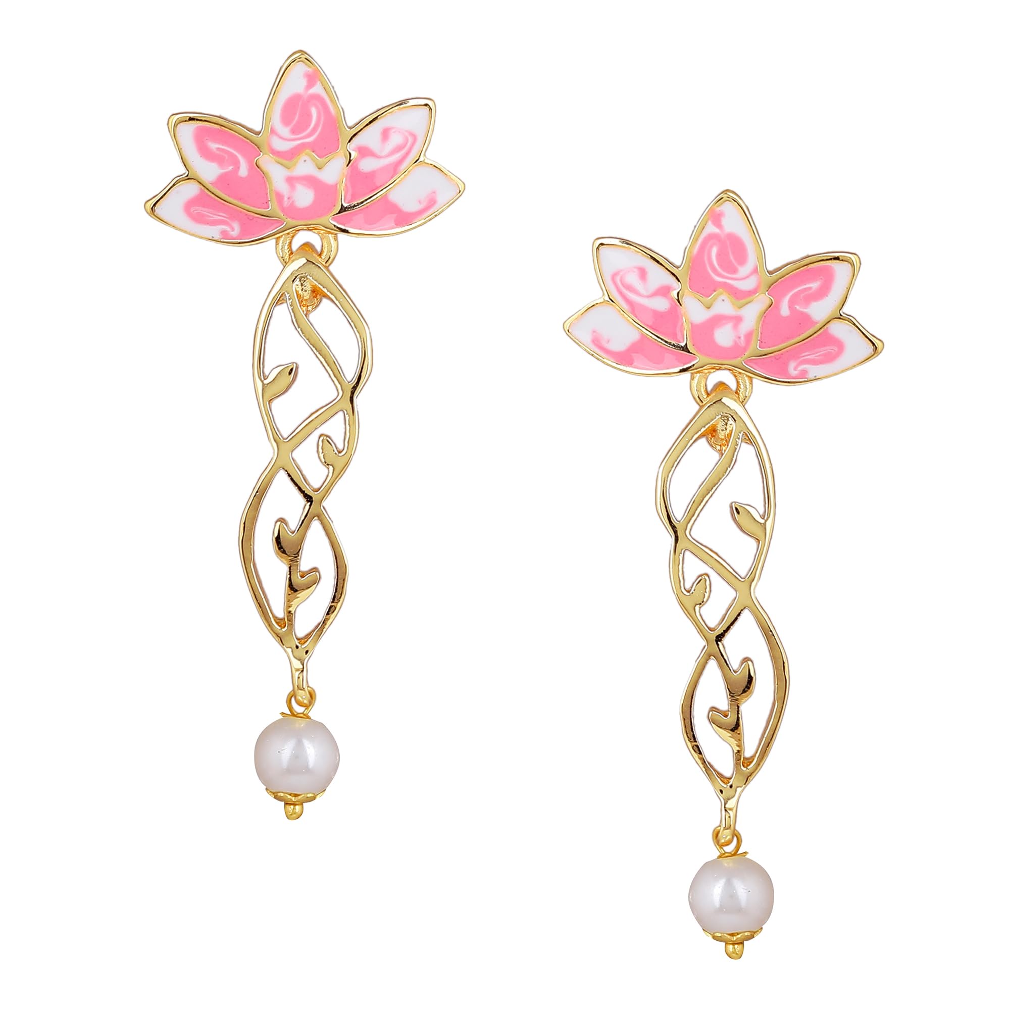 EsteleJewellery Fashion Earrings for Women Gold Plated Lotus Designer Elegant Pink and White Enamel Pearl Drop Earrings Versatile Chic for Women & Girls