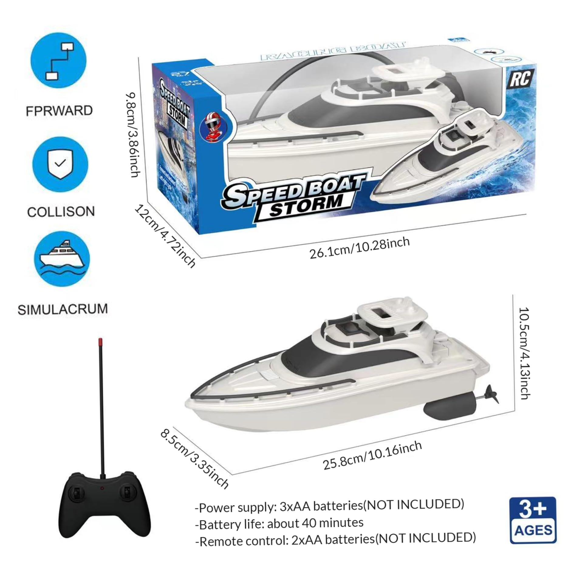 Barco de control remoto para piscina | Barcos de control remoto, barco RC impermeable de 4 vías de 2, 4 GHz, acorazado RC para evitar obstáculos con doble hélice, de yate de simulación con pilas