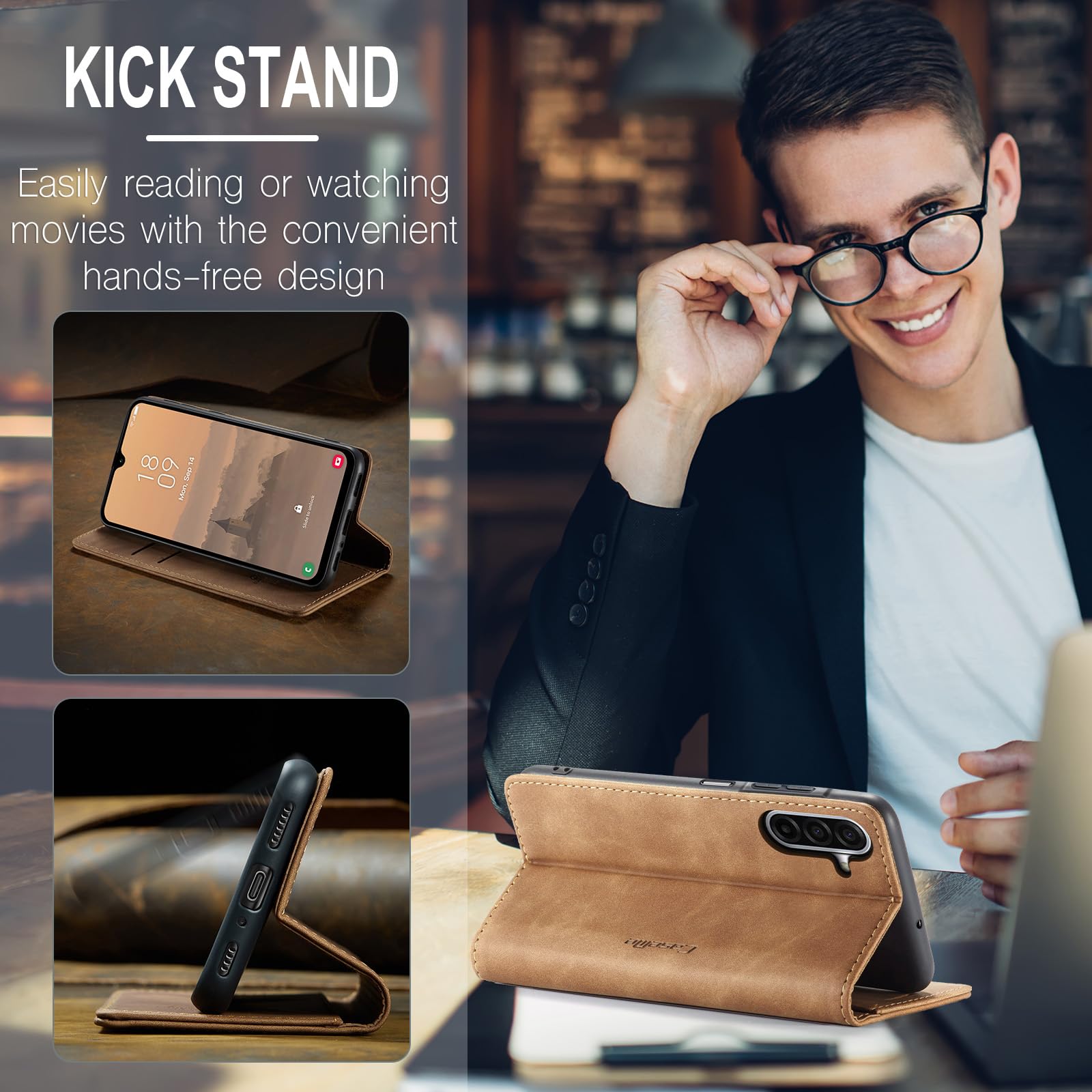 Samokor Cover per Samsung Galaxy A17 5G/4G Pelle Flip Custodia Cavalletto Portafoglio Magnetica Carta Fessura Antiurto per Samsung Galaxy A17,Marrone