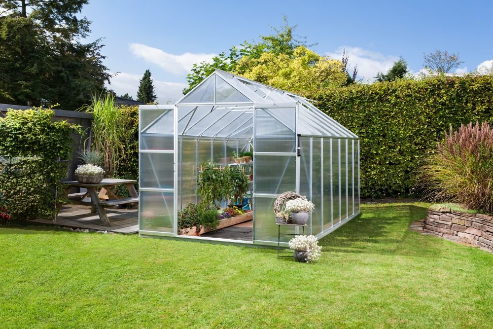 Vitavia Gewächshaus Uranus - Ausführung:11500 HKP 6 mm Alu, Fläche:ca. 11,5 m², Fenster:4, Maße:257 x 445 cm, Sockel:255 x 441 cm,