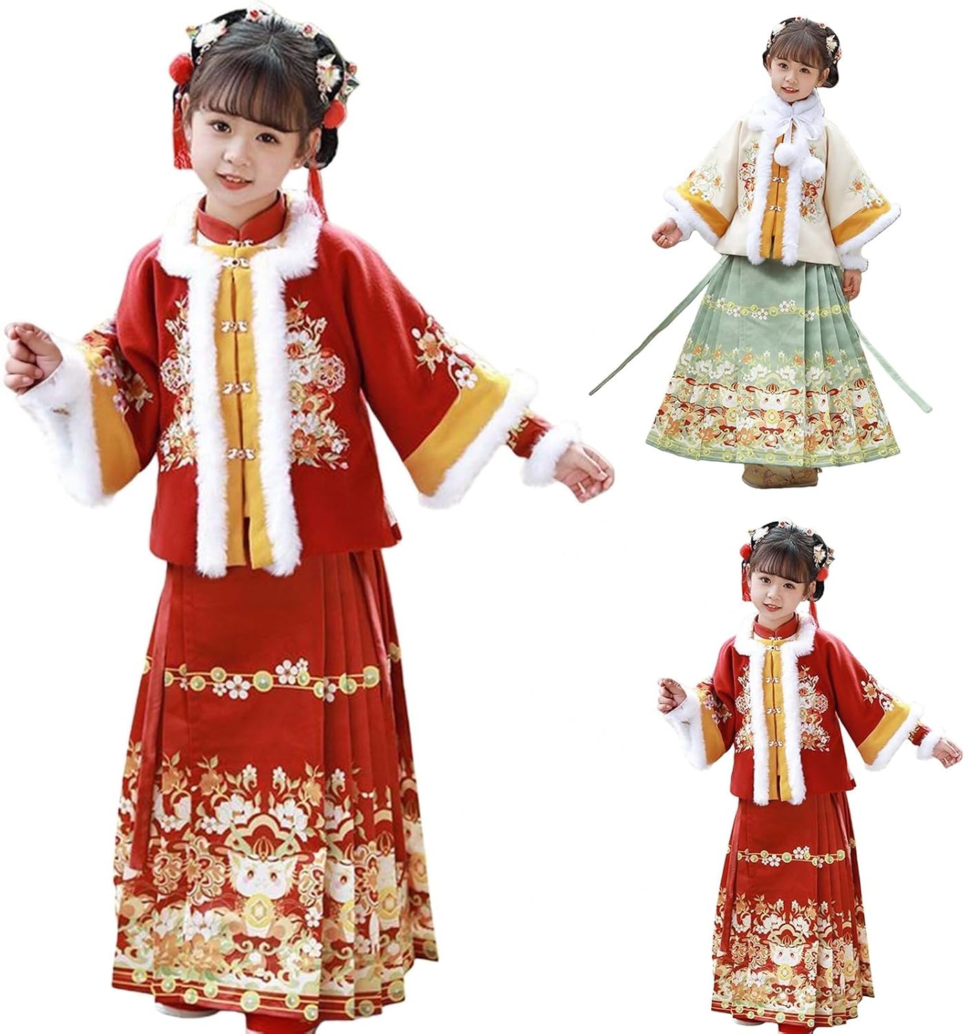 Girls Thick Cotton Cape Coat Suit 2 Pieces Furry Collar Warm Outwear Set Fleece Lined Tang Suit Velvet Cheongsam Outfit
