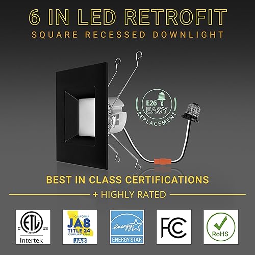 Miniatura 3 de NUWATT Paquete de 4 luces LED cuadradas negras de 6 pulgadas, CCT 2700K3000K3500K4000K5000K seleccionables, 1100 lúmenes, 14 W, regulable,