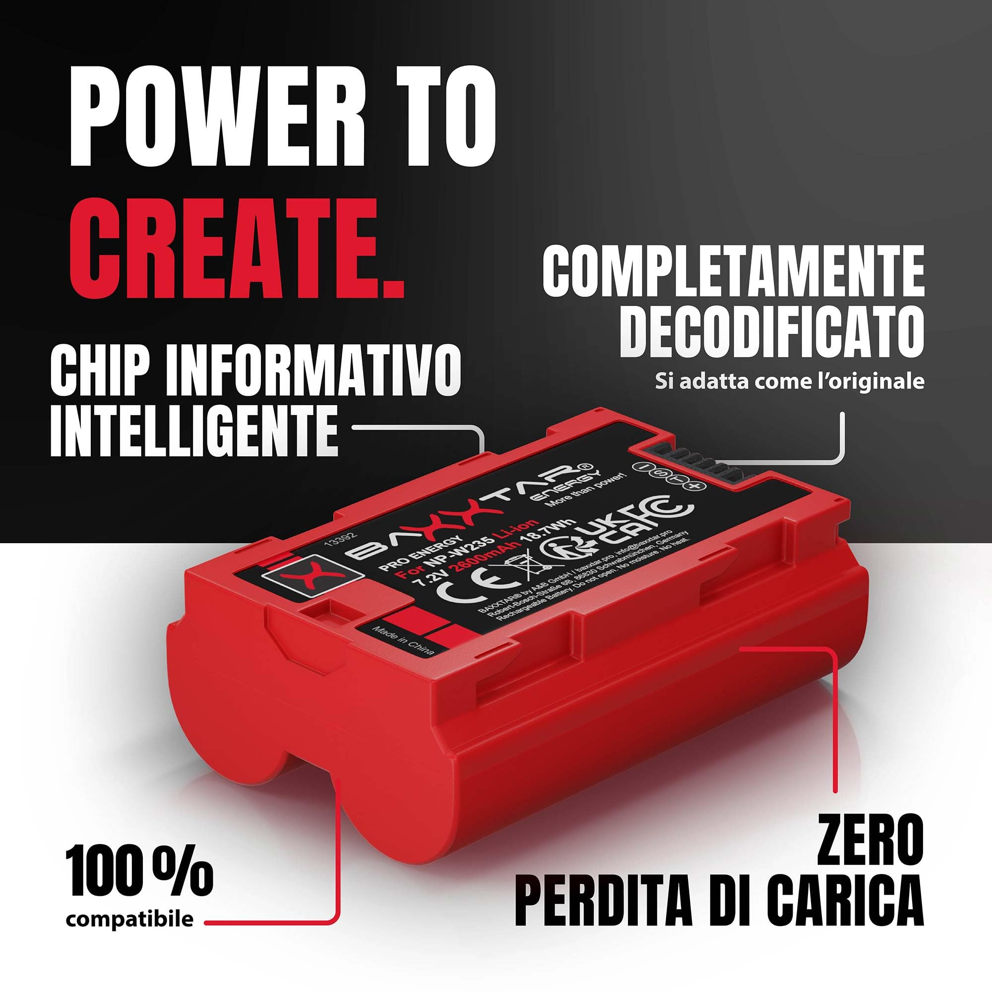 Baxxtar Pro 2X Batteria per Fujifilm NP-W235 W235 GFX50s II 2600mAh 7.2V | Batteria di ricambio per X-T4 X-T5, X-H2 XH2S, X-S20, GFX 50S II, 100S, GFX-100II, 100% identica all'originale