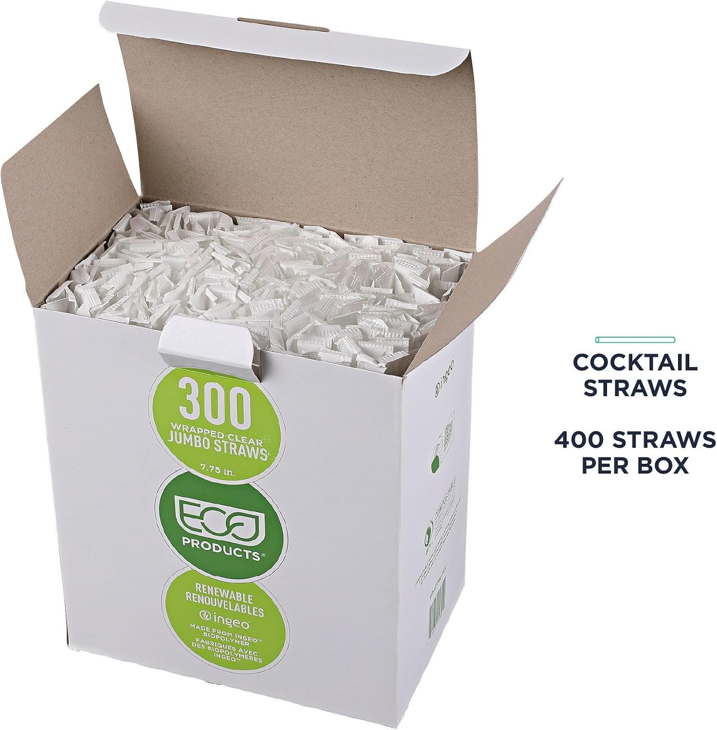 Eco-Products Compostable Paper Wrapped Plastic Straws, 7.75" Long, 8mm Diameter, Case of 9600, Clear Disposable Plant Based PLA Plastic, Standard Sized Drinking Straws, ASTM Compliant, BPI-Certified