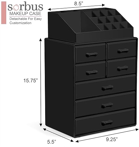 Miniatura 2 de Sorbus Organizador de maquillaje, soporte para brochas y cajones de almacenamiento de maquillaje, organizador de maquillaje acrílico para tocador,