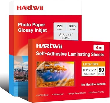 Self Adhesive Laminating Sheets,4Mil 8.5x11inches,60 Sheets and 220 Sheets Inkjet Glossy Thin Paper 8.5x11 inch 30lb 120gsm A4 Letter Size