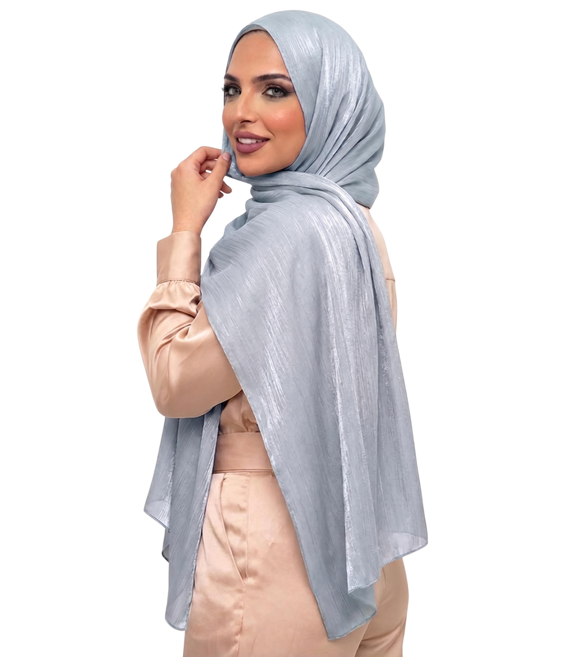 Crinkled Scarf - Summer Ladies Scarves, Shawls & Wraps - Hijab for Women & Girls - Soft, Lightweight and Breathable - Head Scarf for Evening Dress - Plain Shiny Shimmer Neck Headscarf Wrap - 180 x 89