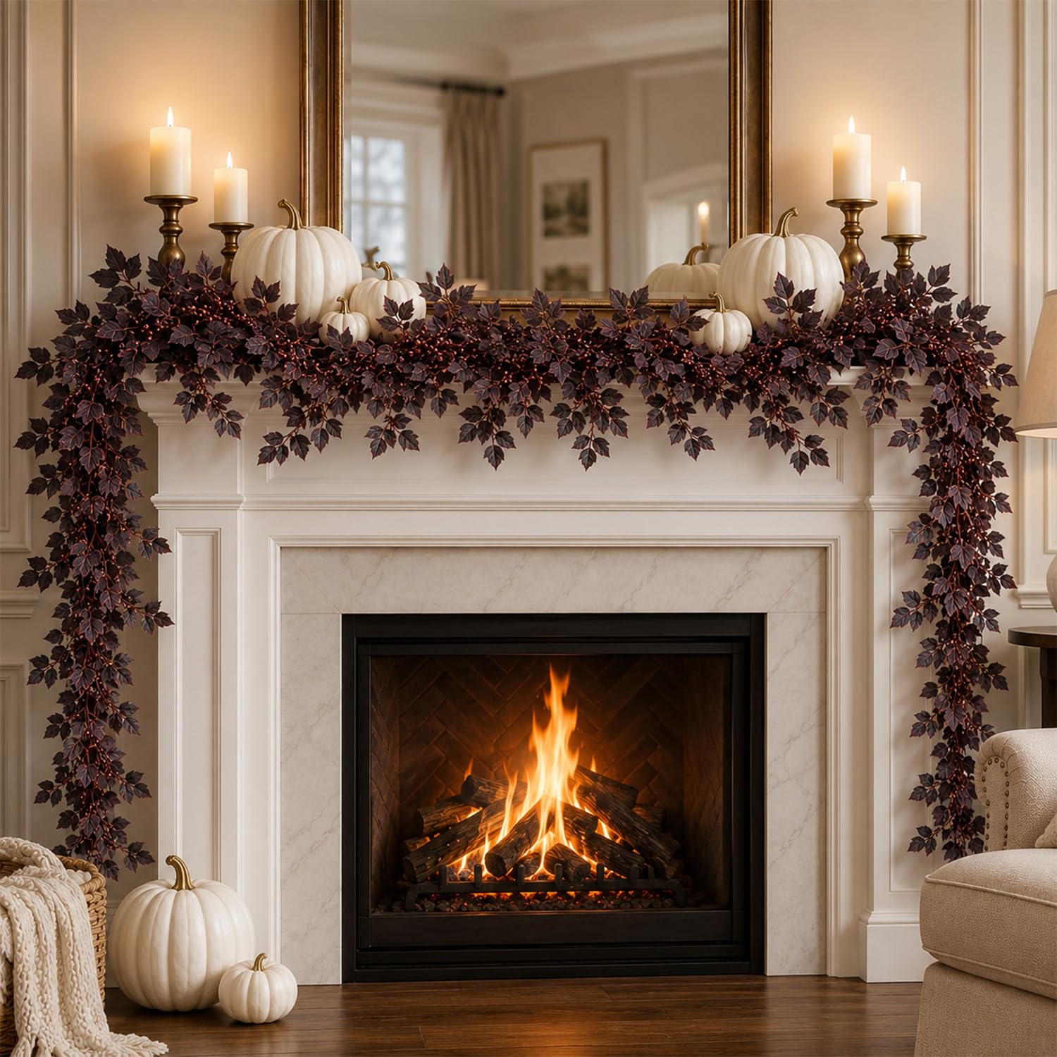 2 Pcs 6FT Artificial Fall Garland, Full Dark Autumn Leaf Garland (red)