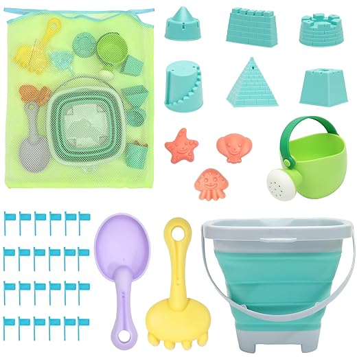 RACPNEL Beach Toys Sand Set for Kids, Collapsible Bucket and Shovels with Mesh Bag, Molds, Flags, Sandbox Kids Toddlers, Travel (Tavel Size)