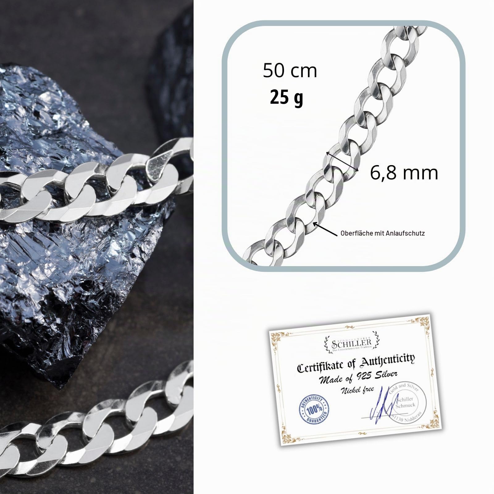 Herren Hals-Kette aus massivem 925 Silber, ideal als Geschenk für Mann oder Freund, mit Schmuckbox