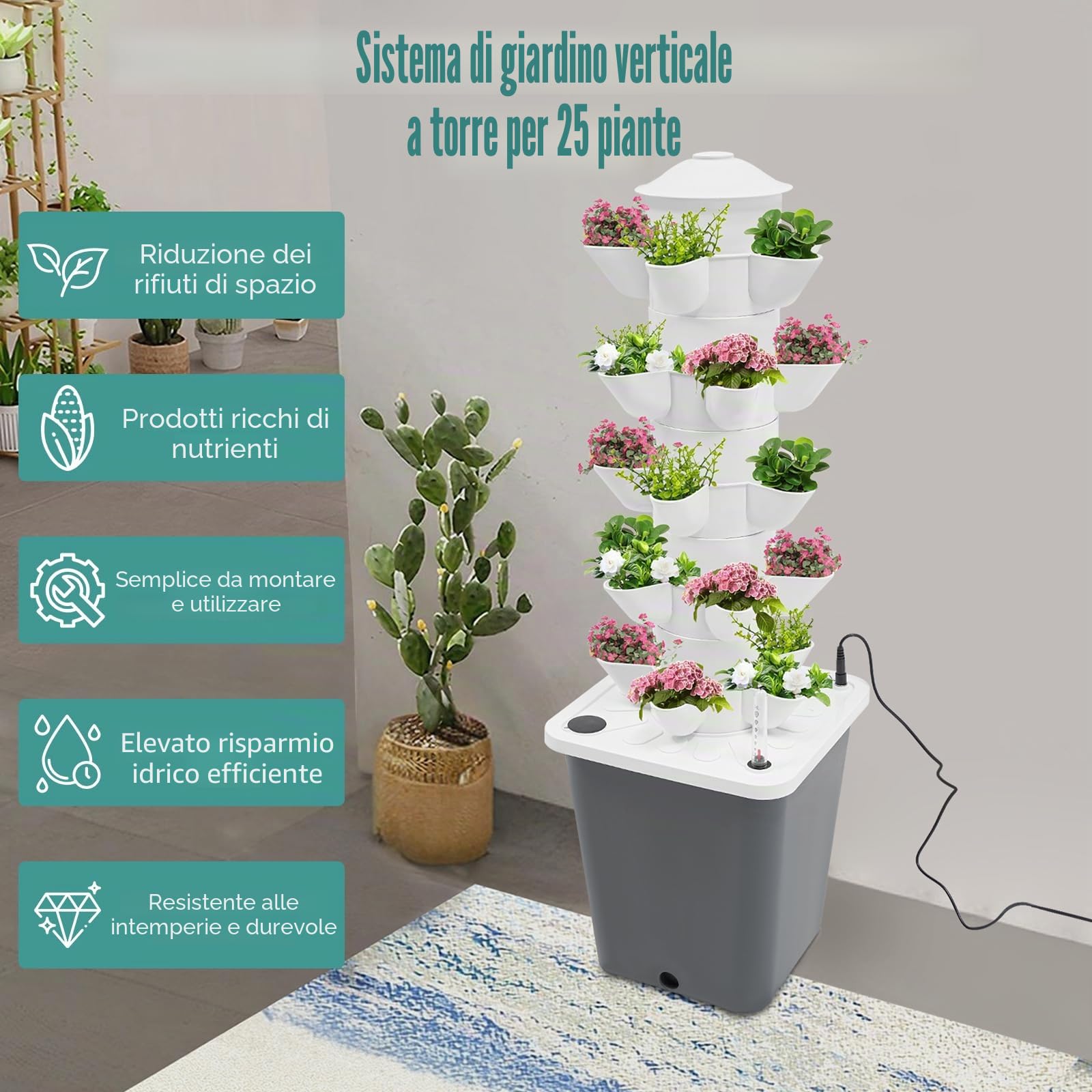 Sistema da giardino verticale a torre da 25 piante, kit di coltivazione idroponica per interni con pompa e indicatore del livello dell'acqua, fioriera verticale per gli appassionati di giardinaggio
