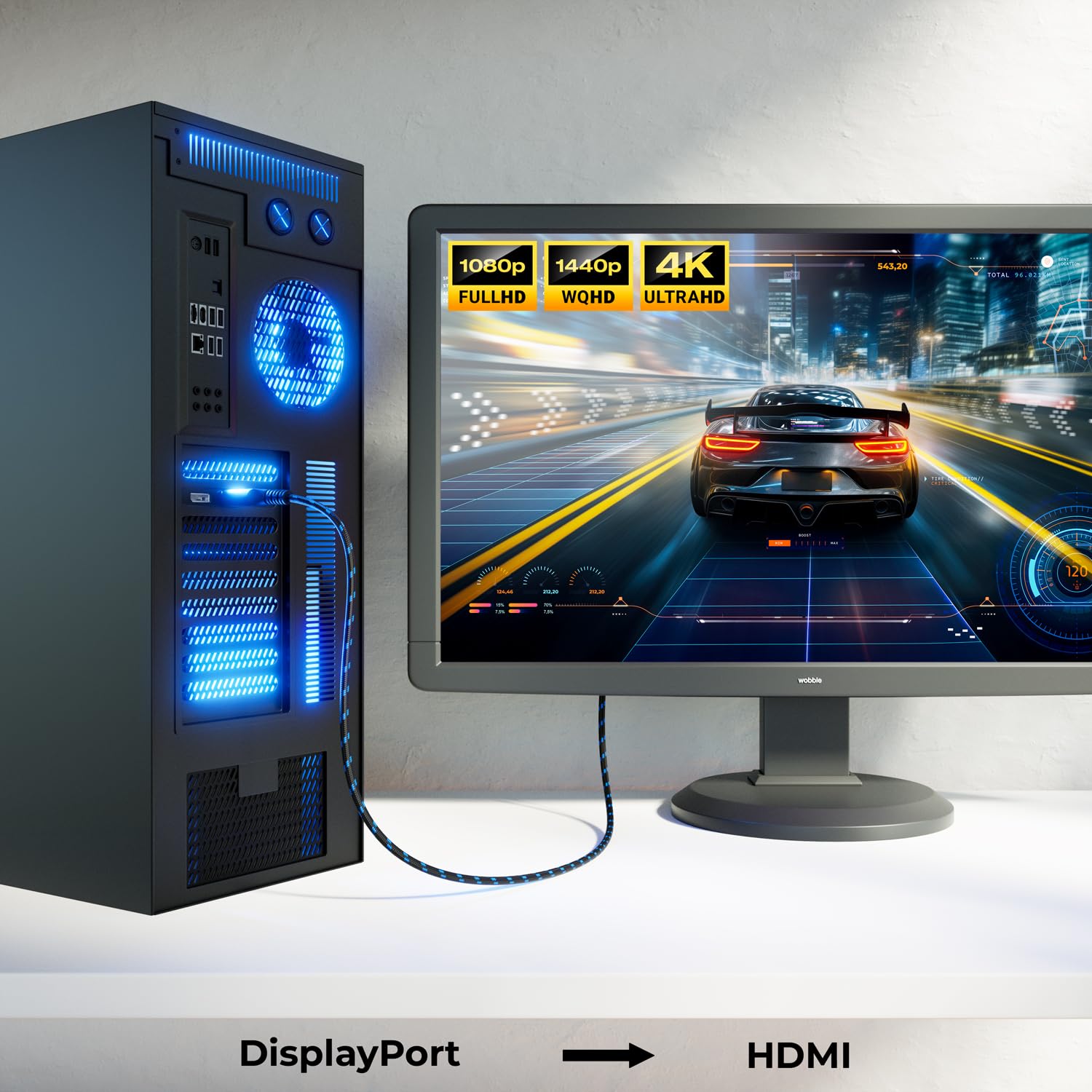 deleyCON 0,5m 4K DisplayPort vers HDMI Câble Court (pour HDMI Moniteur, TV, Projecteur) - 1080P@60Hz / 4K@30Hz - Connecteur Aluminium + Gaine Nylon - pour DP Ordinateur, PC, Carte Graphique