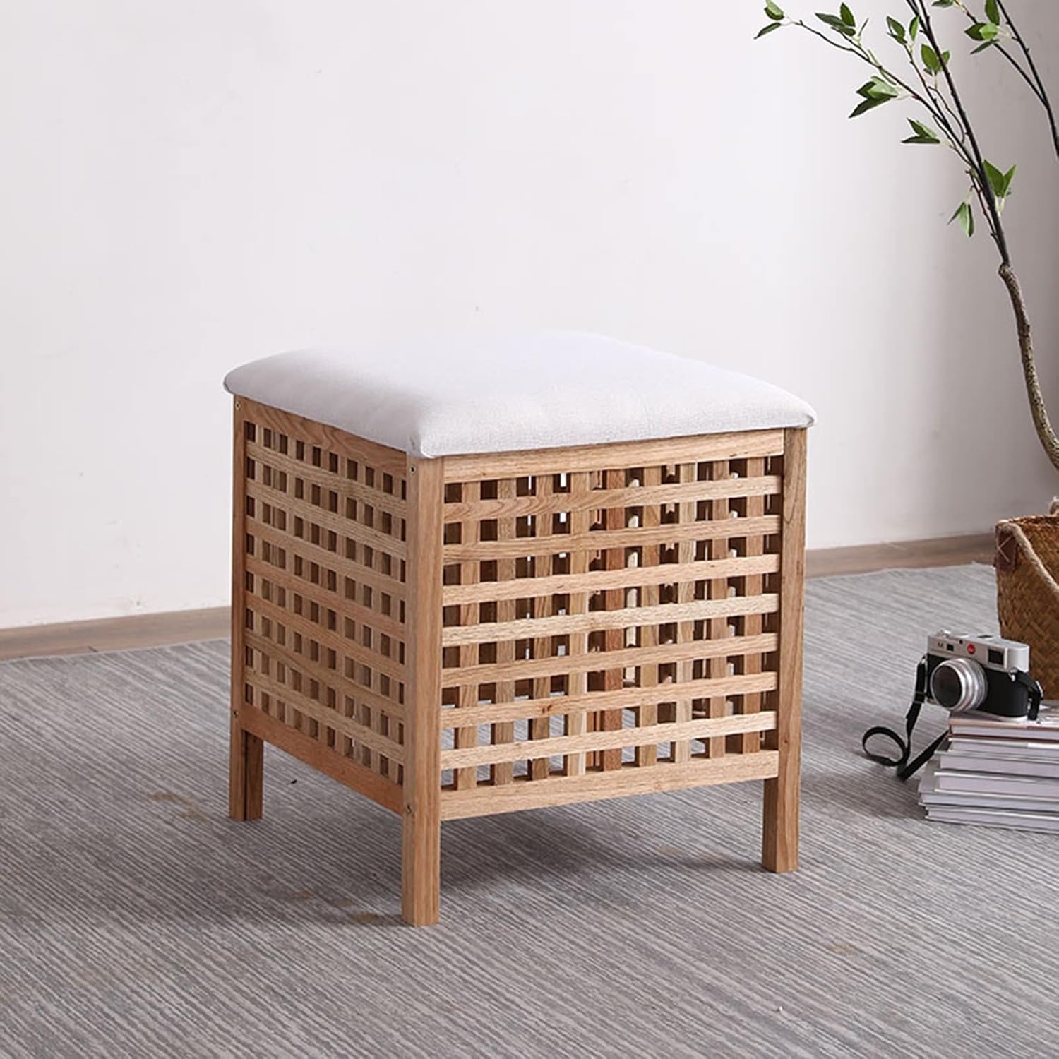 Pouf Velluto Pouf Contenitore in Legno Massello, Sgabello Quadrato Contenitore per Soggiorno