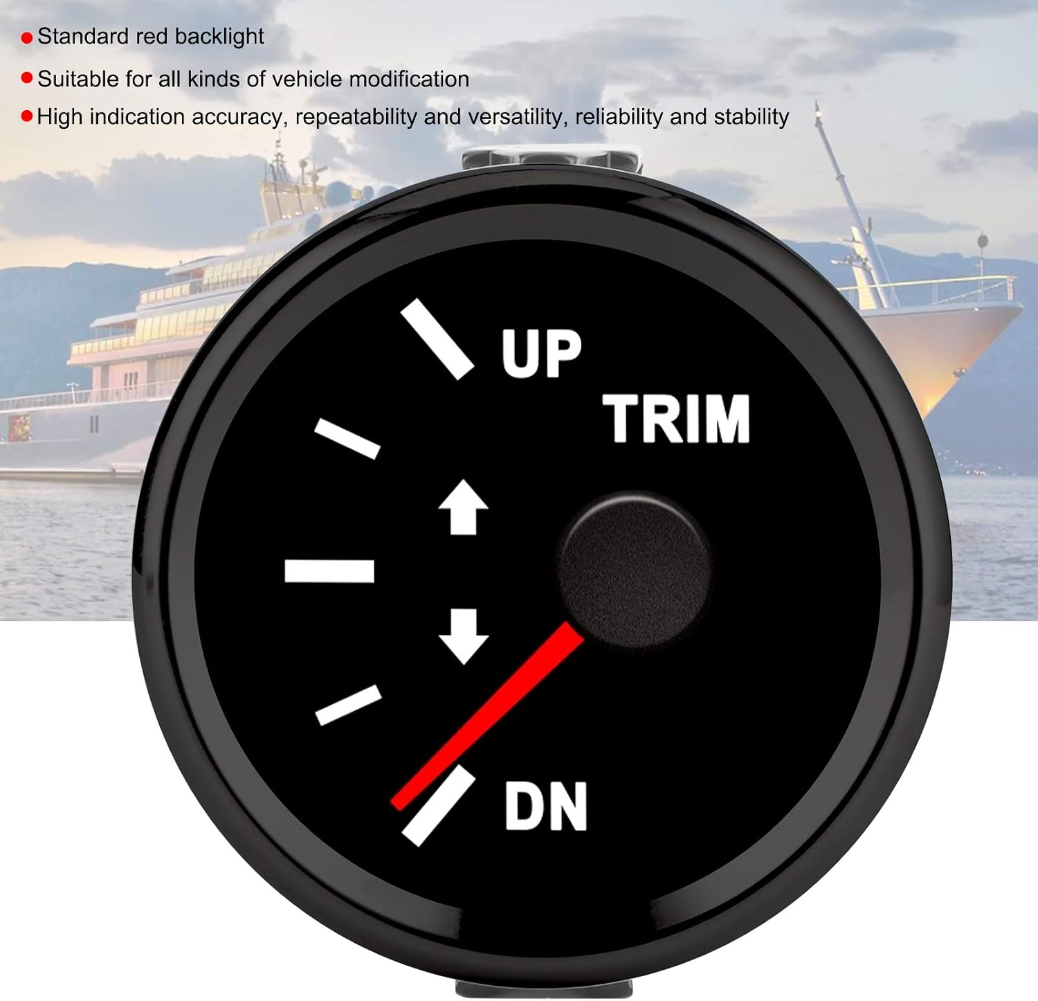KIMISS Boat Trim Balance Gauge Meter, 52mm Domed Series Marine Trim Gauge with Red Backlight Ship IP67 for Yacht Marine Vehicle Modification(Black Frame on Black)