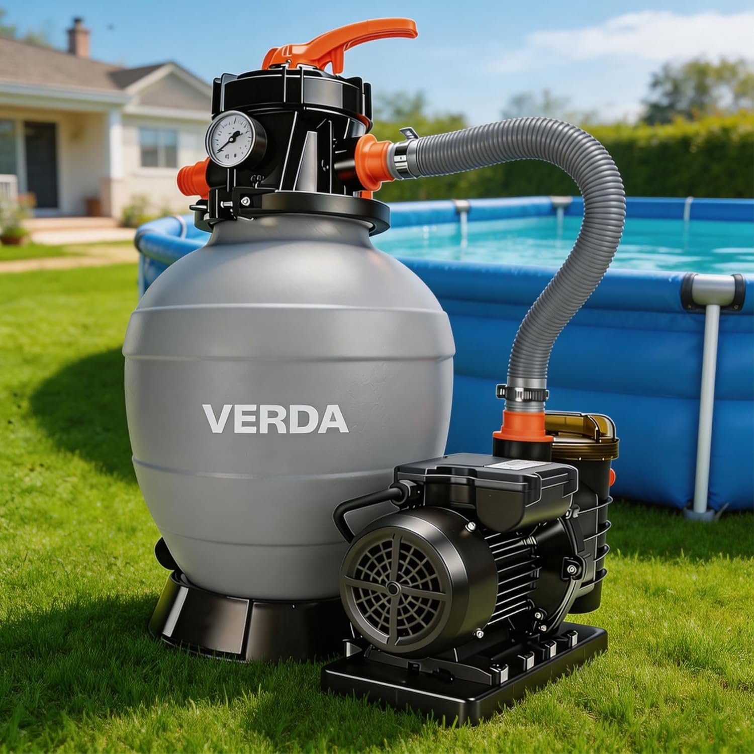 Verda Système de filtration à sable, pompe 10000 l/h, 400 W, avec billes filtrantes, 10 m, hauteur de refoulement 38 mm, connexion 220-240 V, 50 Hz, filtre à sable pour piscine SN5882