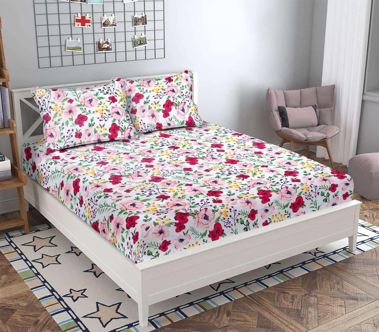 Rvans Creations Cotton Feel Glace Cotton King Size (78"x72") Elastic Fitted Bedsheet with 2 Large Pillow Covers (King, Pink Flower) (B09RJ7XW2X) Amazon Price History, Amazon Price Tracker