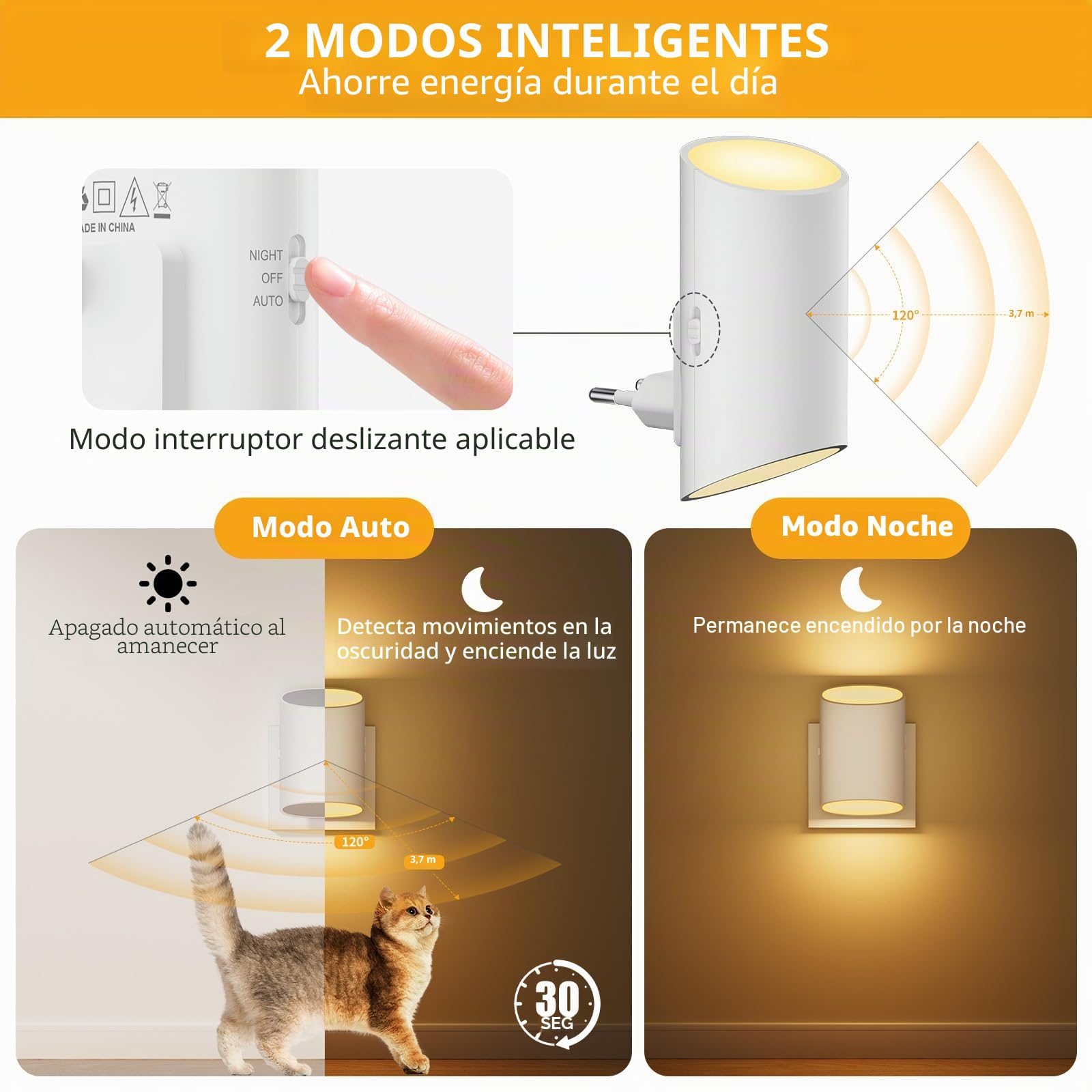 luz nocturna infantil, [2 Piezas] luz bebe nocturna con sensor de movimiento y sensor de luz, luz blanca cálida de 3000 K, regulable 1-100 LM, adecuada para habitación de niños, pasillo, escalera