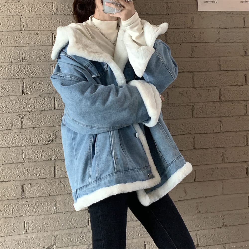 Cazadora Vaquera Mujer,Chaqueta De Mezclilla Azul Lavado Reversible Con Solapa Para Mujer, Chaqueta De Invierno Gruesa De Imitación De Lana De Cordero, Chaqueta De Transición Cálida Corta, Chaque