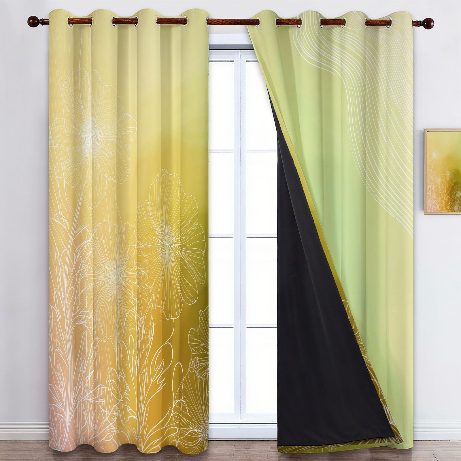 Zasłony zaciemniające, 166 x 75 cm, rośliny, gradient kolorów, gałęzie i liście, druk artystyczny 3D, z mikrofibry, zasłona z nadrukiem, na przelotkach, dla dzieci, nastolatków, sypialni, zestaw 2