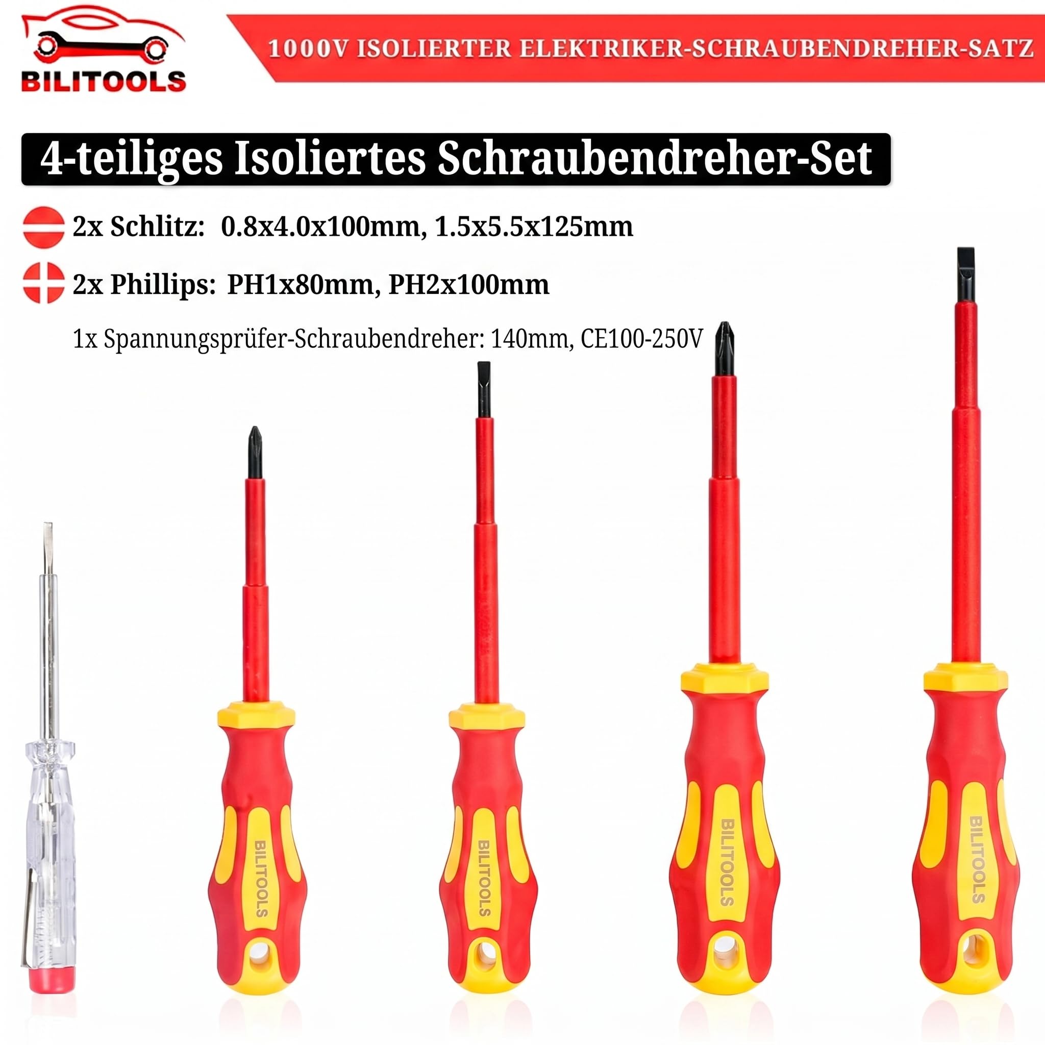 BILITOOLS Elektriker Werkzeug Set 7-tlg 1000V VDE Schraubendreher Zangen | Elektro Werkzeug Set 1000V isoliert, magnetische VDE Schraubenzieher Kreuz/Schlitz, Kombinationszange & Seitenschneider, GS