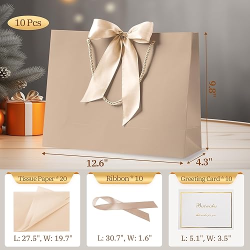 Miniatura 2 de PASEOTA Bolsas de regalo de 12.6" a granel, 10 bolsas de regalo con 20 papeles de seda y 10 tarjetas de felicitación, bolsa de lujo con asas para