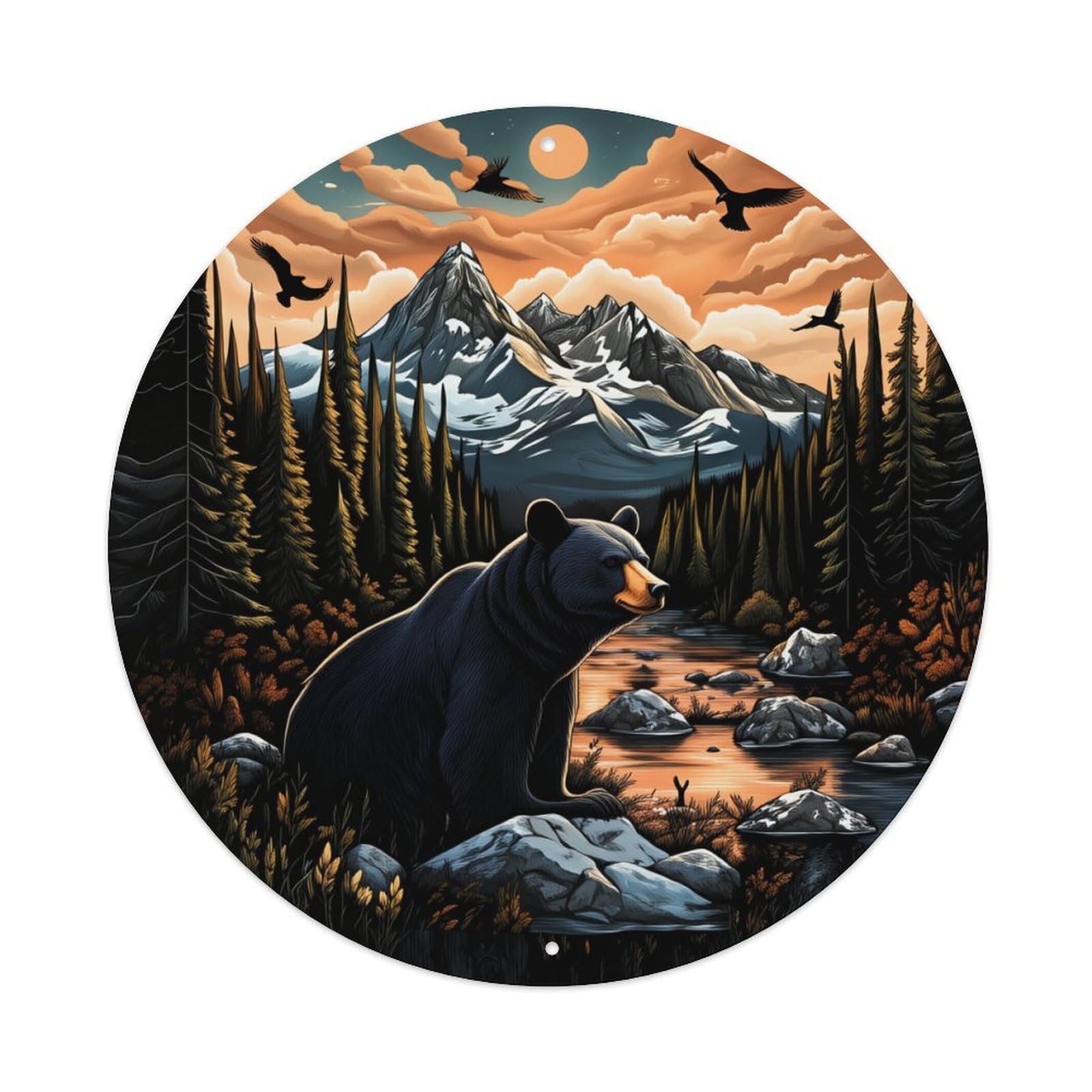 Bear Mountain Forest River Sky Round Tin Sign Vintage Metal Poster, Home Bar Garage Man Cave Cafe Indoor & Outdoor Wall Decoration 8x8Inches