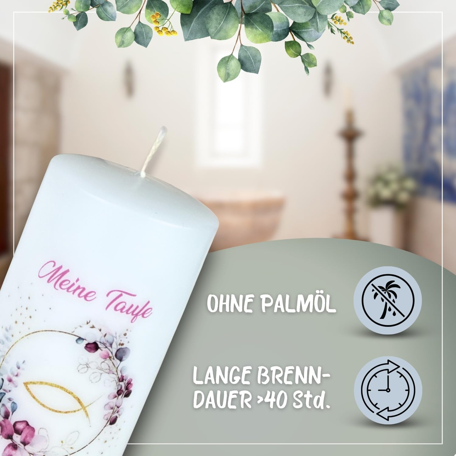 Taufkerze Kommunionkerze Eukalyptus Fisch 25x8cm – Wunschname Personalisierbar – Geschenk zur Taufe für Jungen & Mädchen – Handarbeit mit Schleife – salbei rosa gold