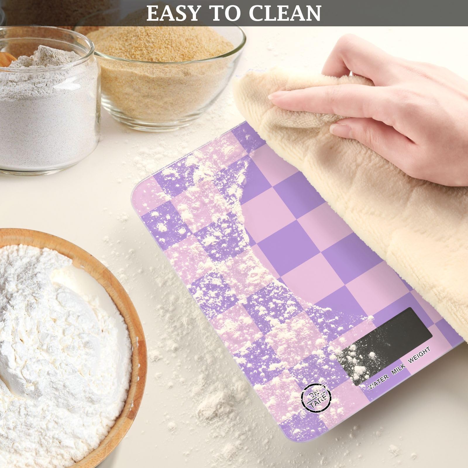 Báscula de cocina para hornear, cocinar, pesaje digital de alimentos, báscula de medición pequeña, impermeable, báscula eléctrica de alimentos a cuadros, color morado
