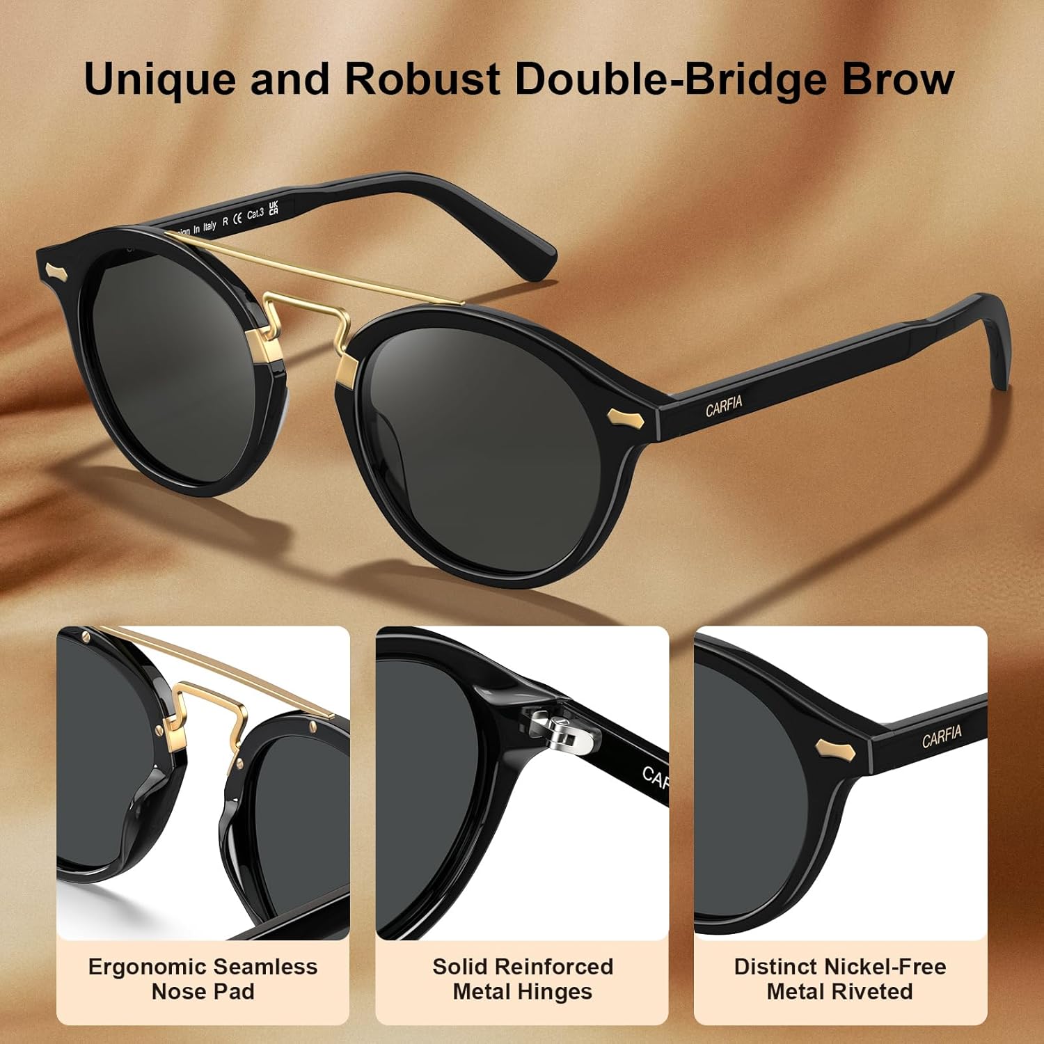 CARFIA Retro Acetate Small Face Polarized Sunglasses for Men Women Trendy Metal Double Bridge Round Sun Glasses CA3399L - Image 5