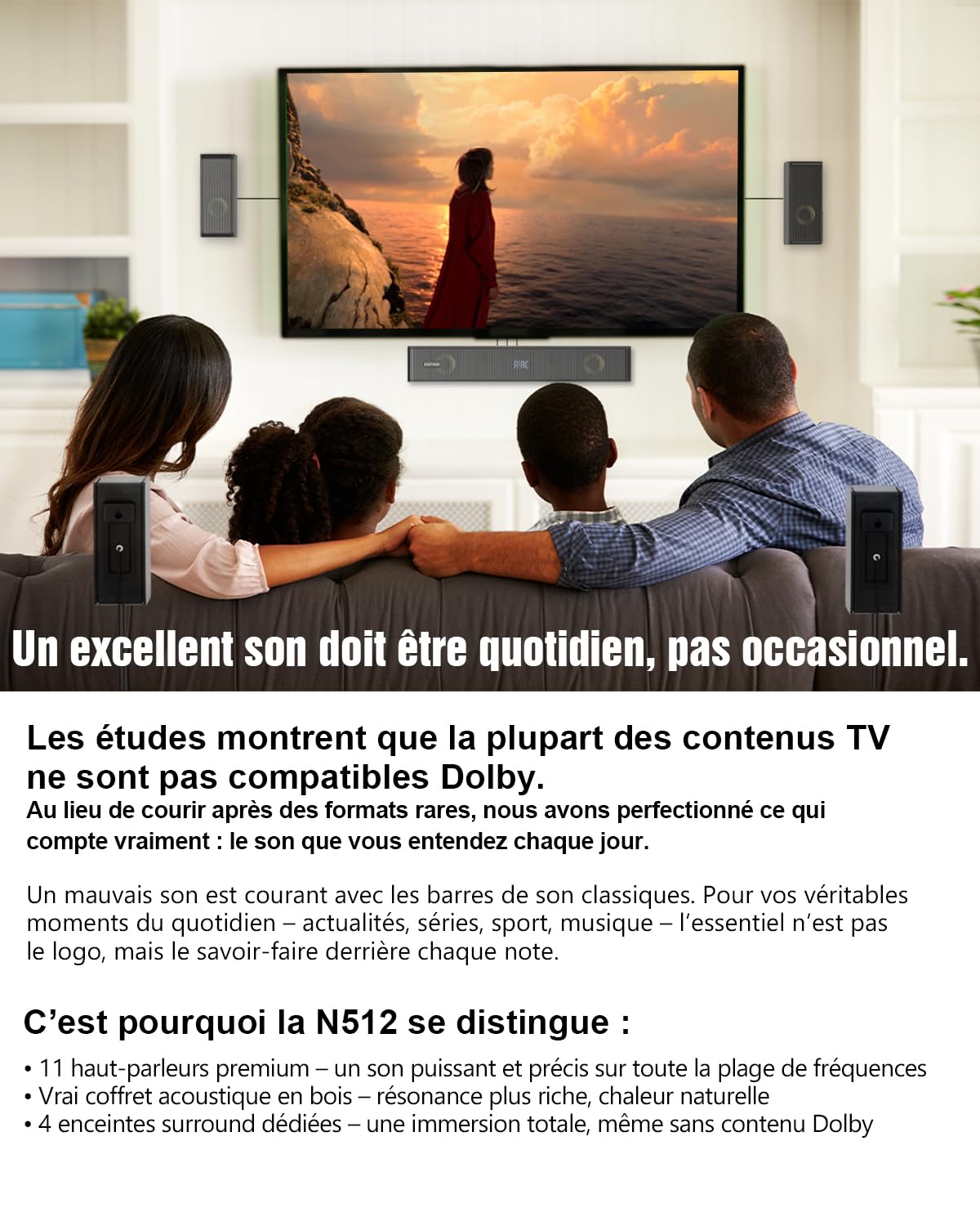 5.1.2CH Barre de Son TV, 4 Haut-Parleurs Surround Virtuels, 400 W de Puissance crête, Home Cinema Enceintes pour Téléviseur, Caisson de Basses, Arc/Optique/BT 5.3/AUX/USB, HiPulse N512