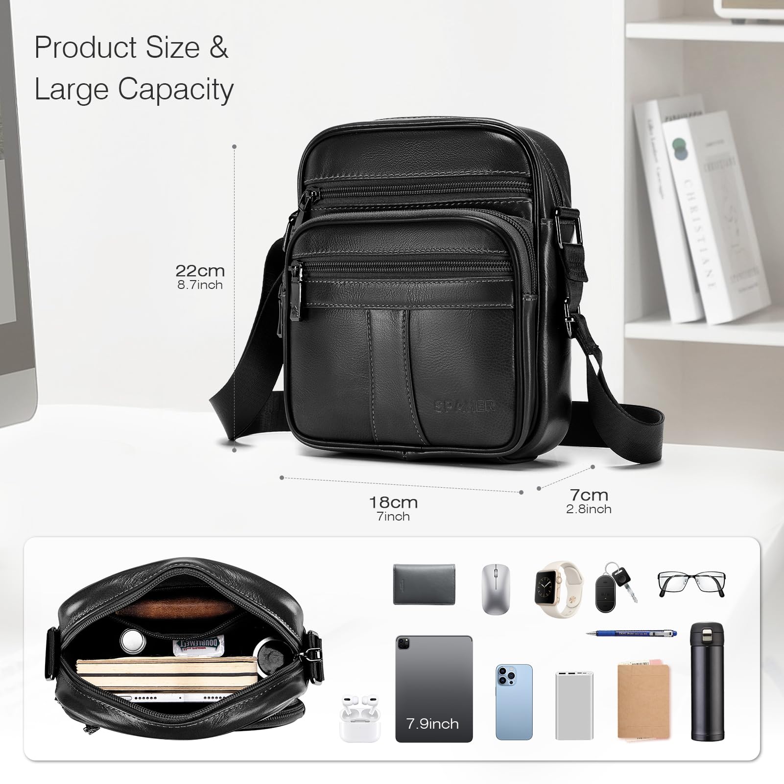 SPAHER Sacoche Homme Bandouliere Cuir Veritable Petit Sac Bandoulière Homme Sac Porté Epaule Sacs Business Vintage Sacs à Dos Porté Travers Pochettes Multifonctionnel Sacs à Main Voyage