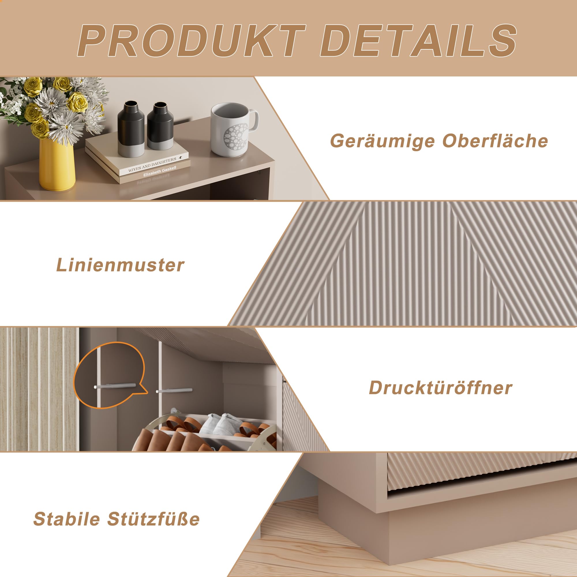 UEV Schuhschrank mit 2 Klappen, Schuhkipper schmal für Flur, Schuhkommode Schuhregal mit Verstellbaren Trennwände & Kippschutz & Drucktüröffner Push to Open, 50x24x91cm (Moka)