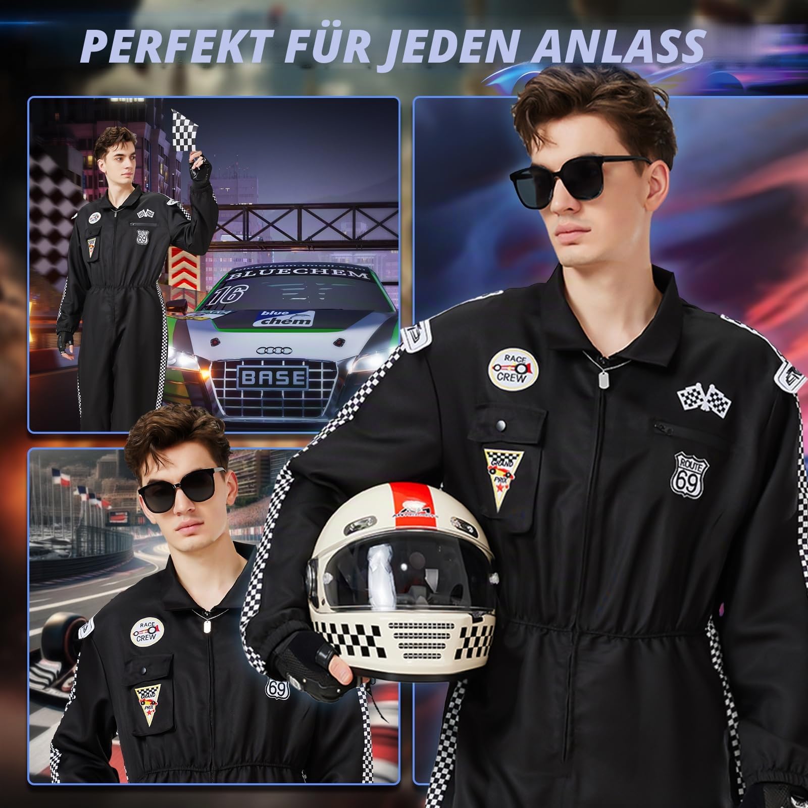 Charmofun Rennfahrer Kostüm Herren, Rennfahrer Anzug Overall Jumpsuit für Erwachsene, Racer Overall Rennwagenfahrer Kostüm mit Handschuhen, Sonnenbrille für Karneval