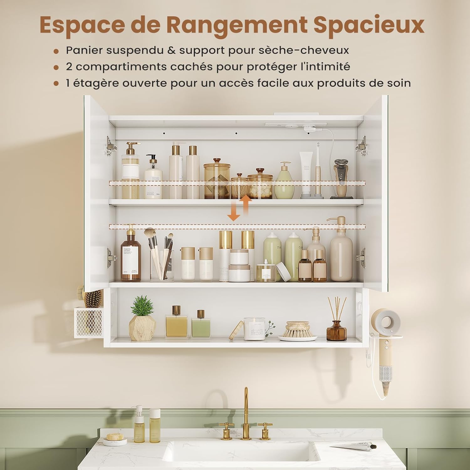 Specchio Bagno 70x16x60 cm con Luce LED Regolabile, Specchio Bagno Contenitore con Mensole Regolabili, Mobile Specchio Bagno con Presa Elettrica e Supporto per Asciugacapelli, Controllo Touch