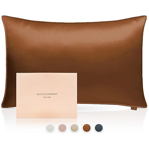 Grace & Company Silky Satin Pillowcase for Hair & Skin, Oeko-Tex Certified Satin Silk Pillowcase with Zipper - Ultra Smooth Brown Pillowcases Standard Size 20”x26” - Cardamom