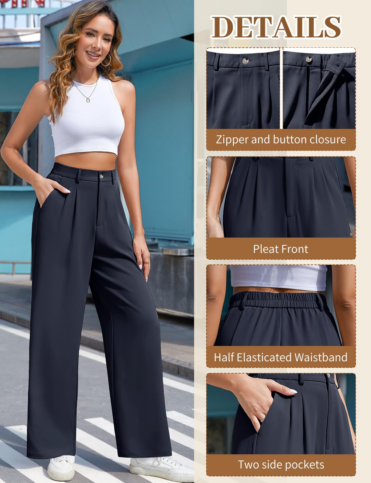 CMTOP Pantaloni Donna Eleganti Pantaloni Leggeri Donna Estivi Vita Alta Pantaloni Lunghi Casual Gamba Dritta Palazzo Tinta Unita Morbidi Pantaloni Larghi Comodi Pantalone con Tasche