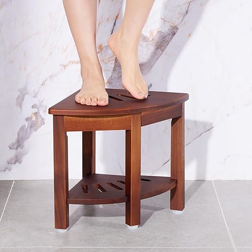 Miniatura 8 de HouseJoy Banco de ducha esquinero con estante, taburete de ducha de esquina de 16.5 pulgadas de alto para afeitarse las piernas, reposapiés de
