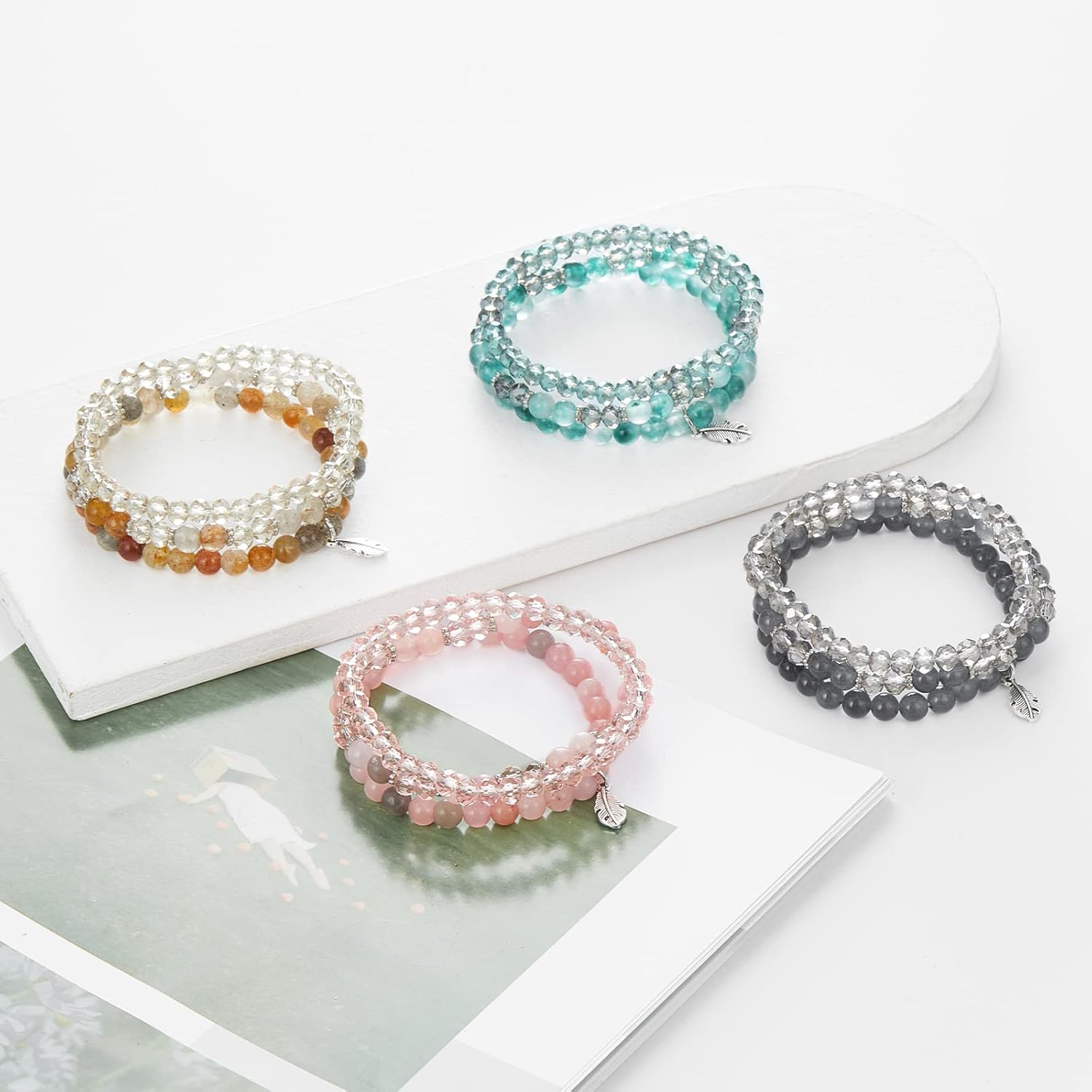 Noessla Stackable Crystal Beaded Bracelets for Women Boho Multi Layer Stretch Bracelets Natural Stone Bead Bracelet with Leaf Charm Jewelry for Women - Image 6