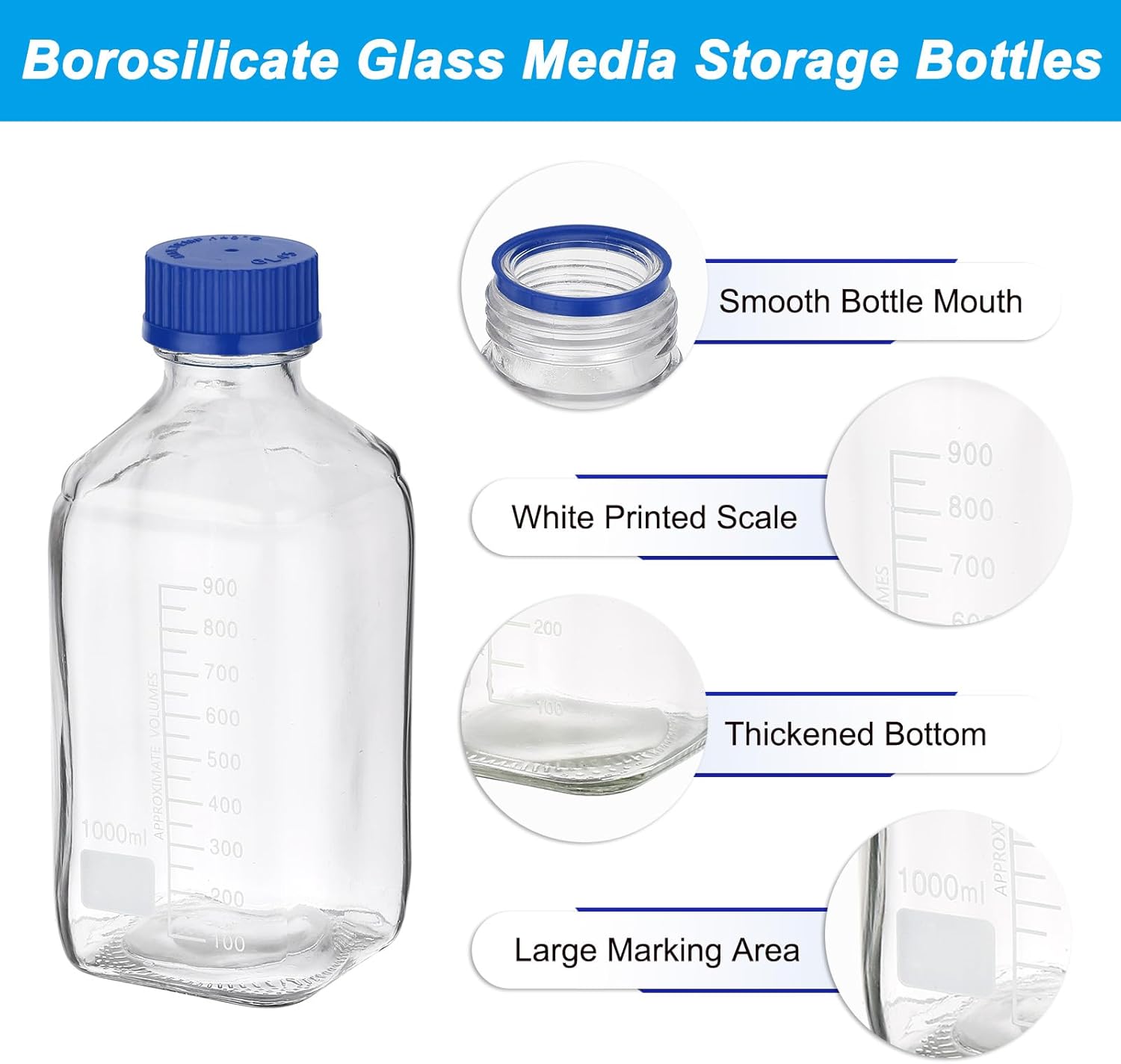 PATIKIL 4 Pack Reagent Media Storage Bottles, 1000ml Borosilicate Glass Square Graduated Round Bottles with GL32 Blue Screw Cap for Lab Water Reagent Liquids, Clear