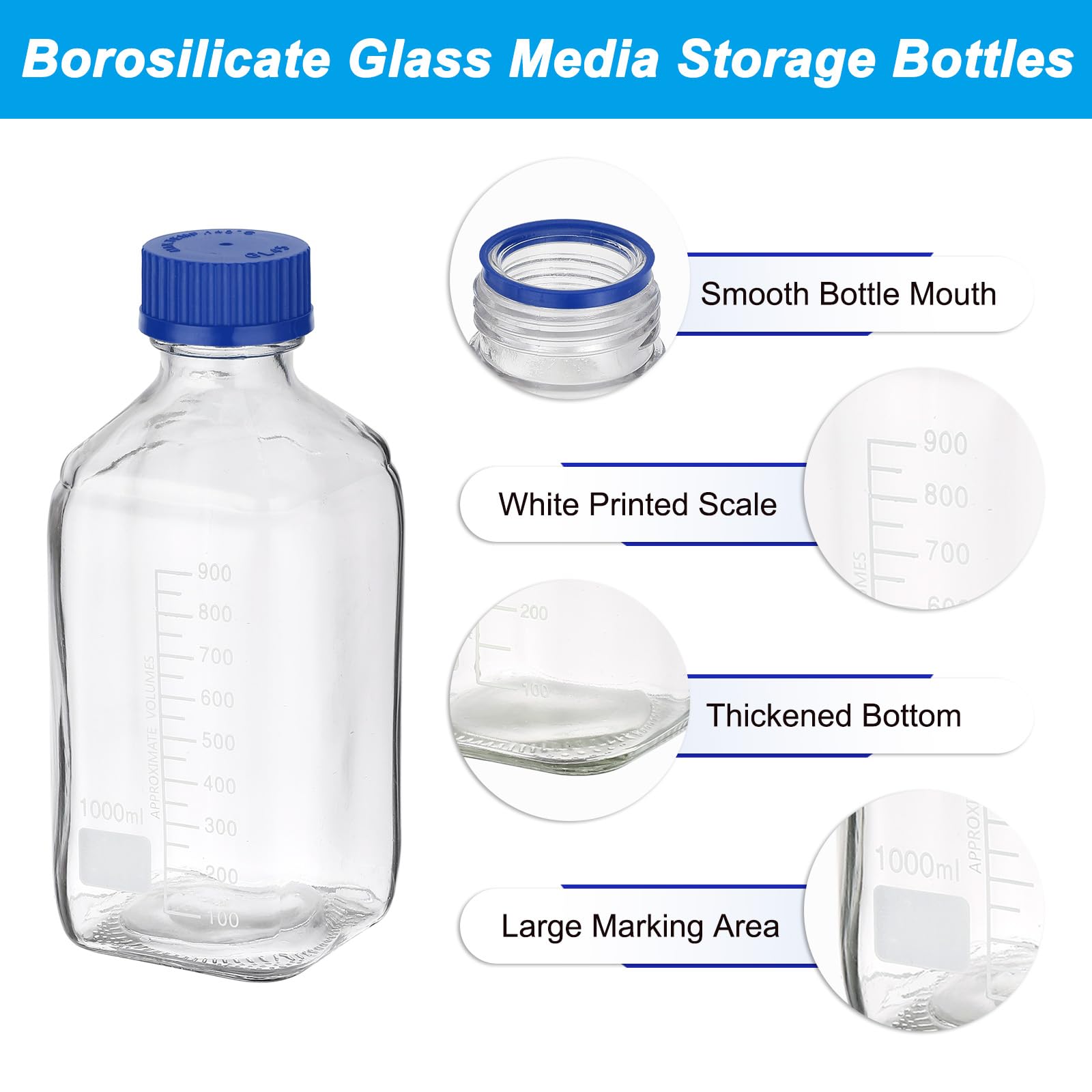 PATIKIL 4 Envases De Botellas De Almacenamiento De Medios Reactivos 1000ml De Vidrio Borosilicato Cuadrado Graduado Con Tapa Azul GL32 Para Líquidos Reactivos De Laboratorio Transparentes