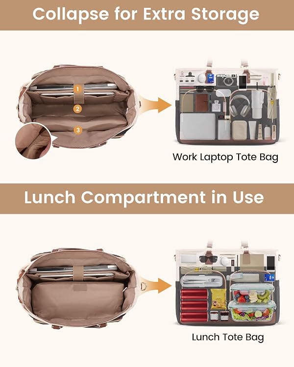 LOVEVOOK Lunch Tote Bag for Women, 17.3 Inch Laptop Tote with Insulated Lunch Compartment, Large Capacity Lunch Bag for Work, Business, Daily, Outdoors, Black & Brown by LOVEVOOK - Image 7