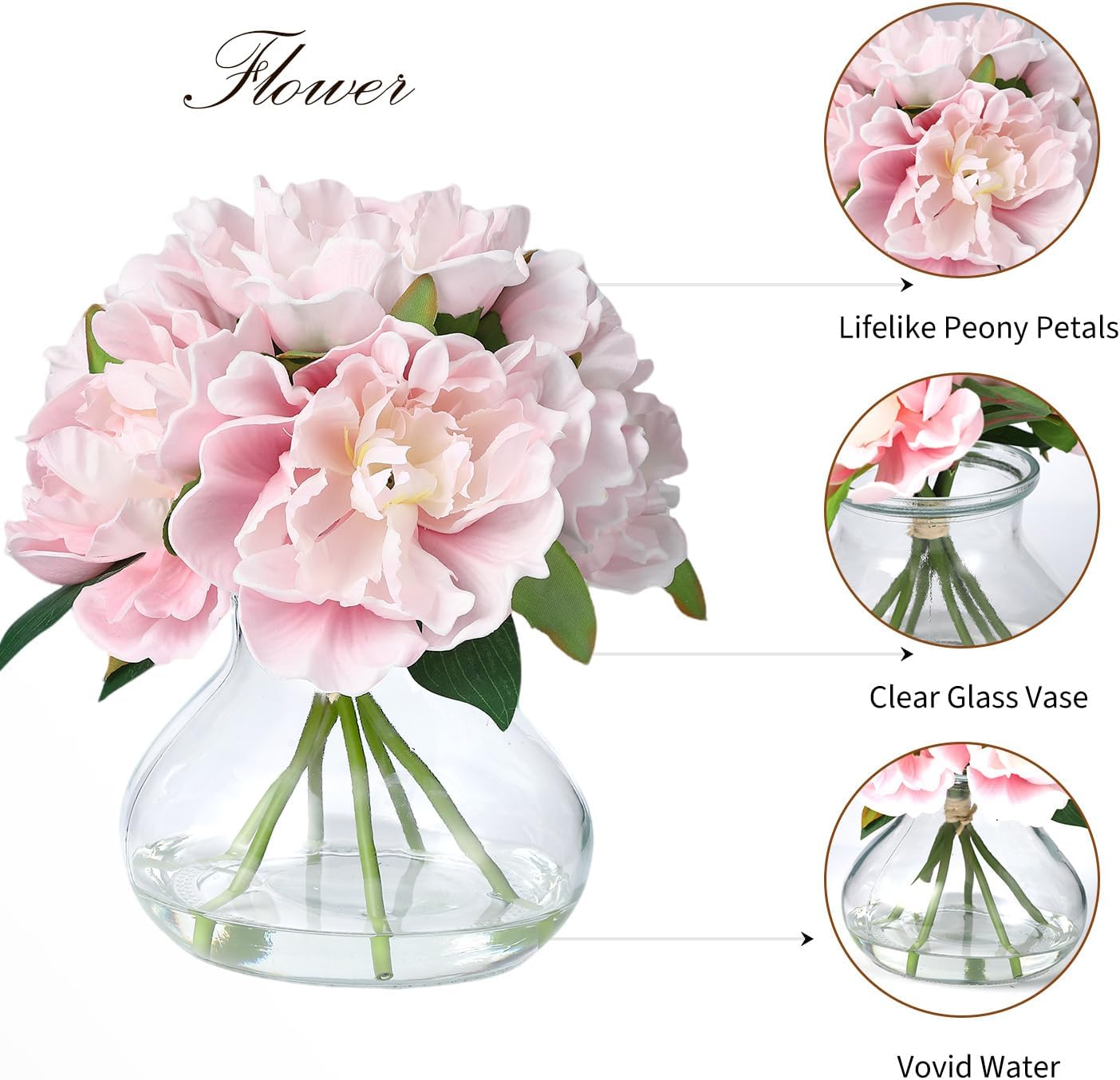 Garvee Pink Peonies Artificial Flowers with Glass Vase, Silk Faux Peony Flower Arrangement with Faux Water, Fake Flowers in Vase for Table Centerpieces, Shelf Bathroom Decor, Home & Wedding Decoration