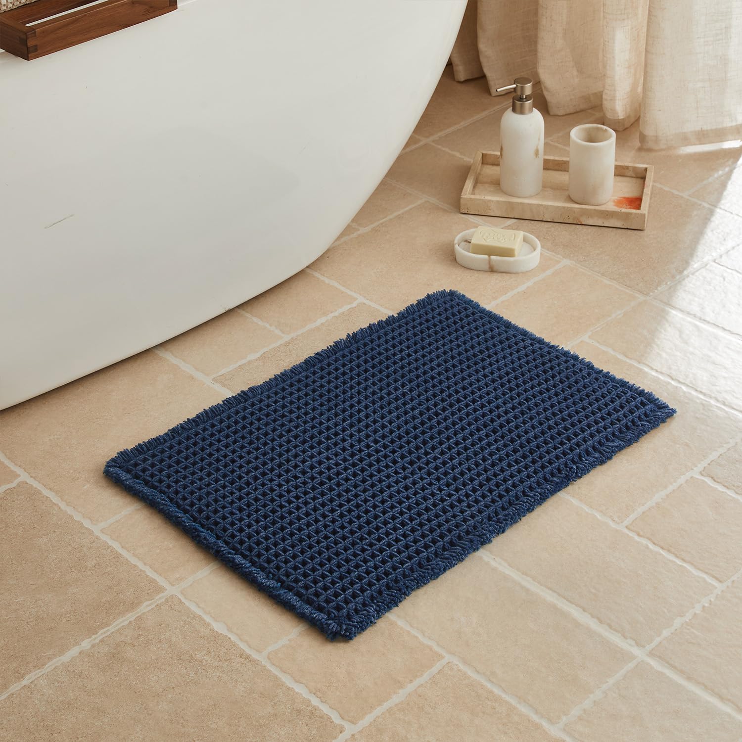 Triohero Waffle Bath Mat, Small Boho Bathroom Rugs Non Slip Washable, Ultra Soft Super Absorbent Quick Dry Farmhouse Bathroom Decor, 16" x 24", Navy