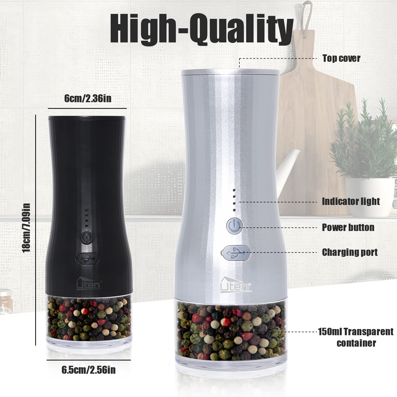 Uten Rechargeable Salt & Pepper Mills - Ceramic Grinder -3 Uten Rechargeable Salt & Pepper Mills - Ceramic Grinder -3